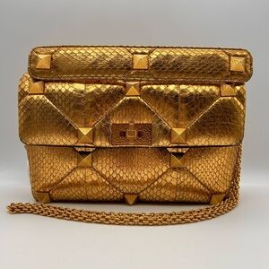 Valentino Roman Stud metallic gold python leather Bag Large Full Set